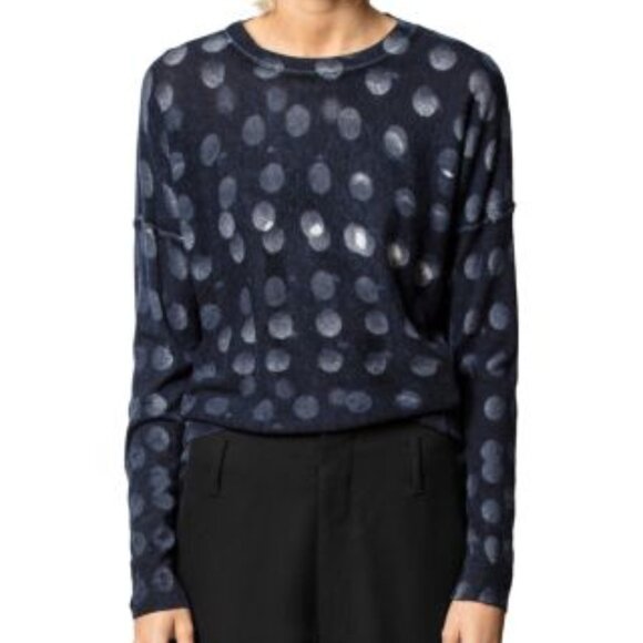 Zadig & Voltaire Anouk Pullover Sweater XS Blue Polka Dot Printed 100% Cashmere - Picture 1 of 6